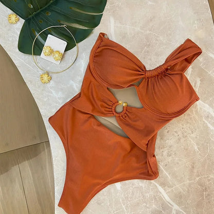2025 One Shoulder High Waist Bikini Solid Color Padded Swimsuit For Women Trendy Summer Beachwear