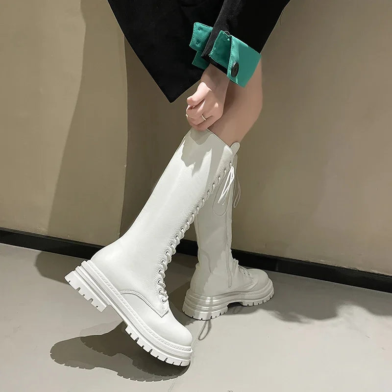 Women’s Knee-High Platform Boots 2025 – Korean Style PU Leather Fleeced Chunky Heel Winter Boots