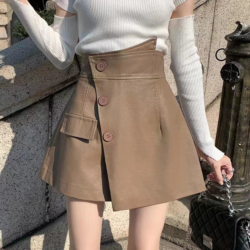 Button Decor Side Split Above Knee Length Fake Two Piece Women Skirt Shorts