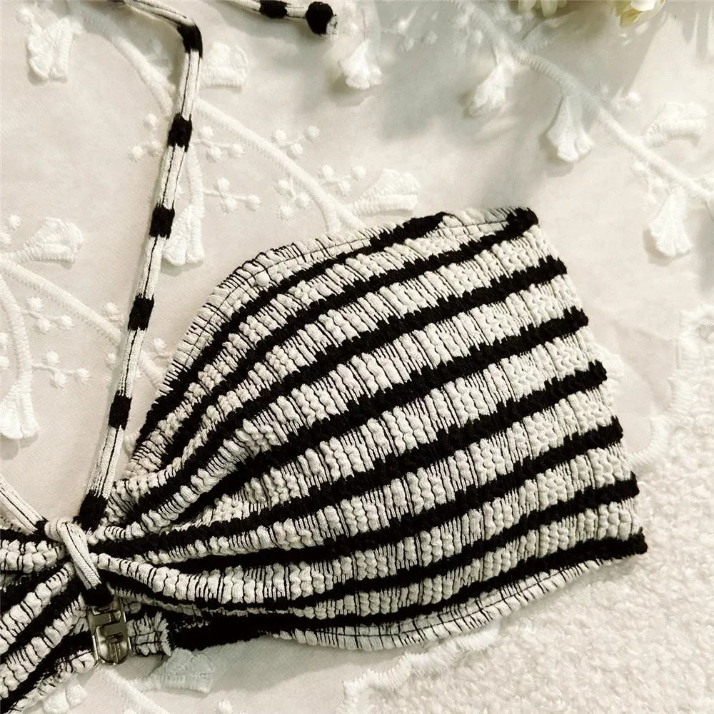 2025 Striped Ruffle Bikini Set High Waist Two Piece Swimwear For Women Bandeau Bathing Suit