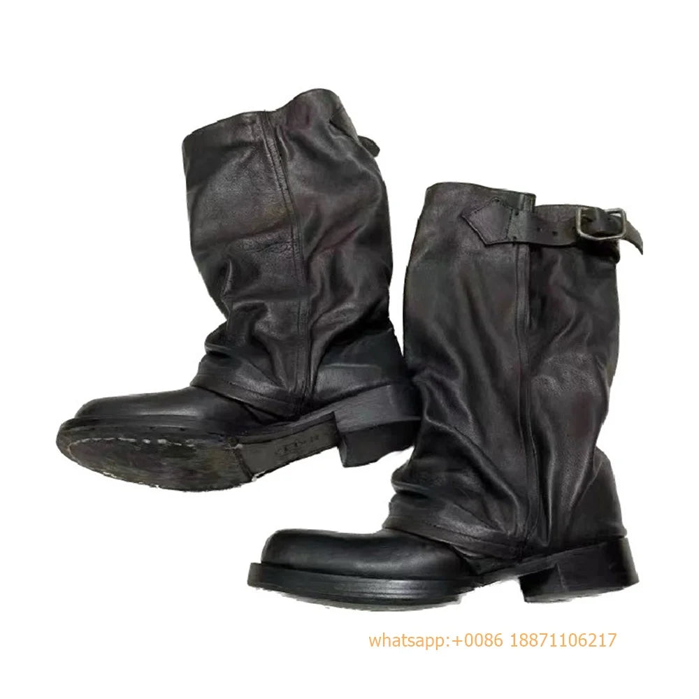 Womens Large Mid Length Retro Boots Buckle Casual Knight Boots For Autumn Winter 2025