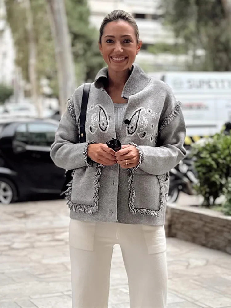 2025 Spring Womens Personalized Graffiti Print Lapel Cardigan Shirt Lantern Sleeve Trendy Top