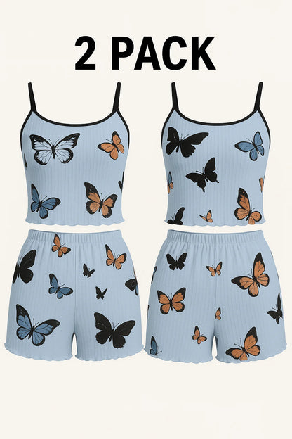 Womens Bow Print Pajama Set Sleeveless Crop Top Shorts