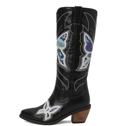 Womens Butterfly Embroidered Pointed Toe Stacked Heel Mid Calf Boots