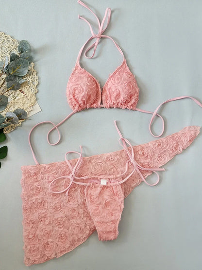 Romantic Pink 3D Floral Rosette Bikini and Sarong Set Aesthetic