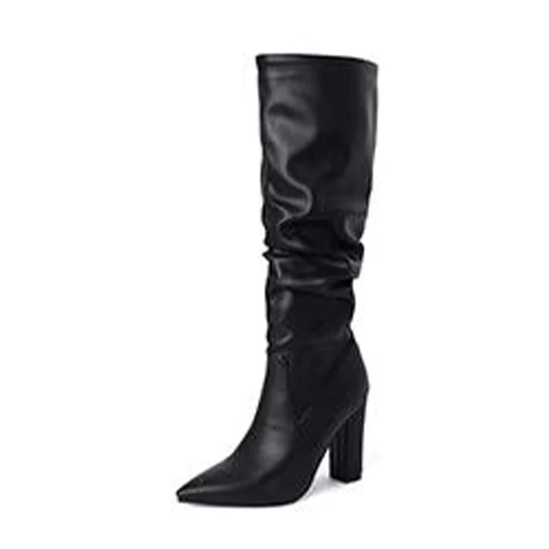 New Fashion Women Winter Knee Boots Chunky Heels Pointed Toe Pretty Green Party Shoes