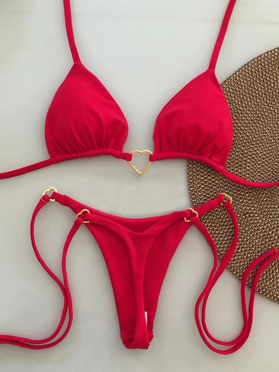 Black Gold Heart Detail String Bikini Aesthetic
