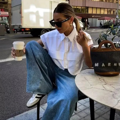 Blue and White Cropped Button Shirt: Elegant Office Crop Top for Women