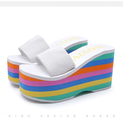 Women Rainbow Slippers High Heels Flip Flop Wedge Slippers Summer 10cm Heels Platform Slippers Flip Flops Womens Slides