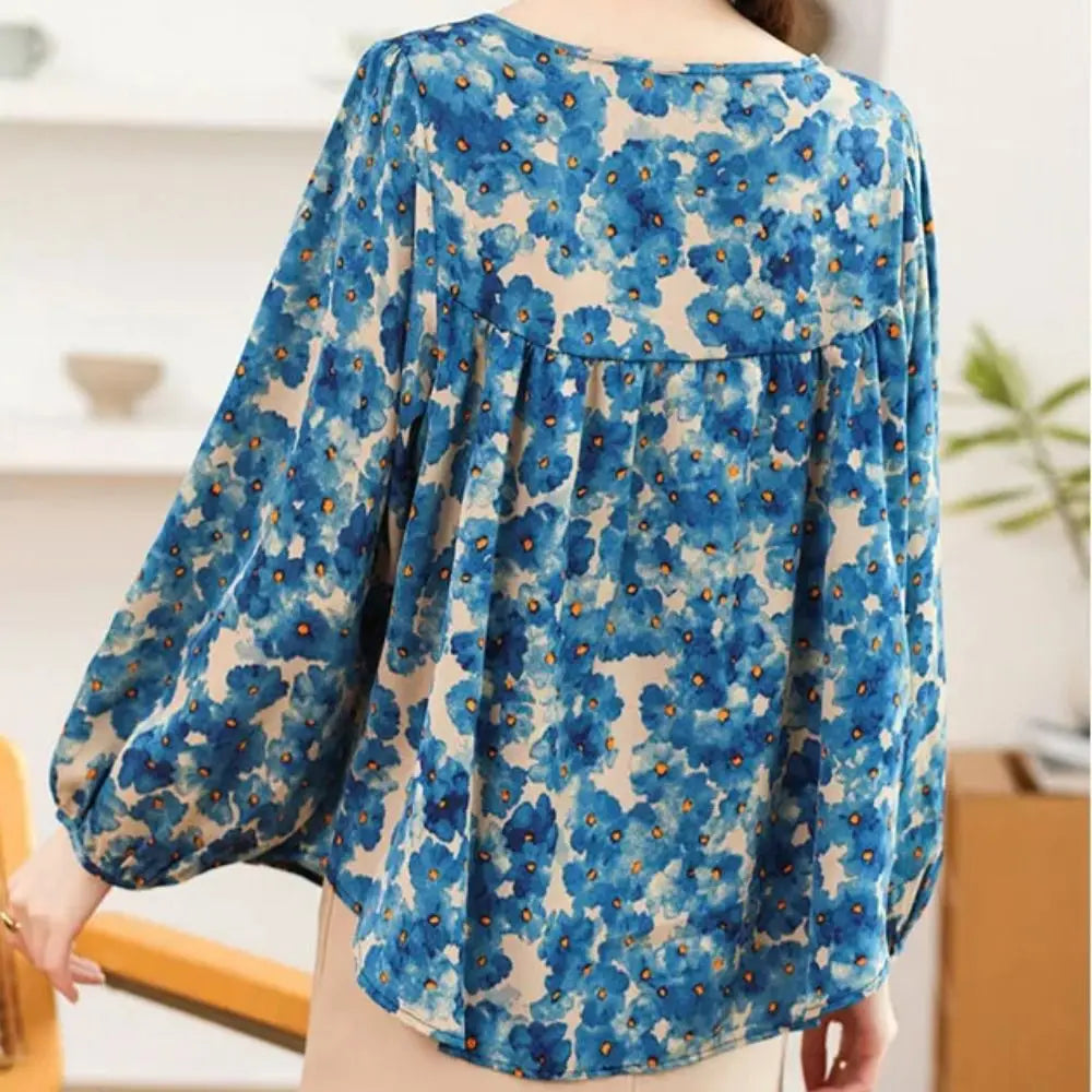 Flower Floral Printing Polo Neck Blouse