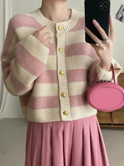 Parisian Playfulness: The Signature Cherry-Striped Cropped Cardigan