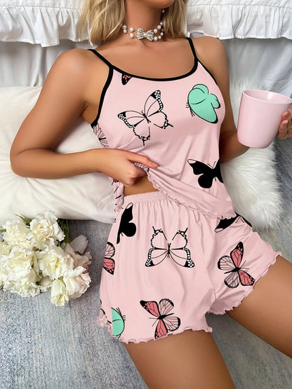 Womens Bow Print Pajama Set Sleeveless Crop Top Shorts