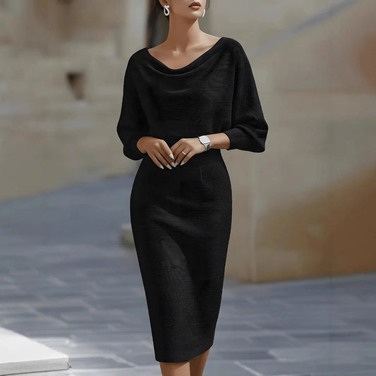 Chic High Waist Office Midi Dress – Elegant 3/4 Sleeve Spring Work Dress