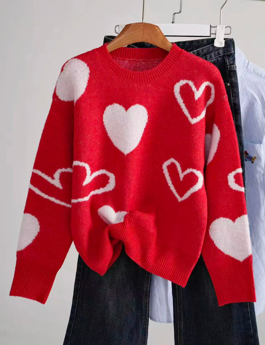 Women S Fashionable Fall Winter Heart Print Sweater Cozy Pullover For Leggings Trendy Winter Sweater With Sweat Necklace