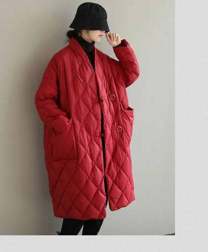 Diamond Grid Oversized Parka – Warm Wide-Waisted Winter Jacket for Women