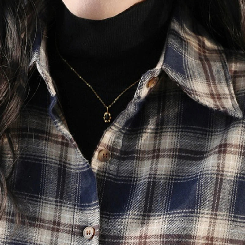 Chic Korean Plaid Blouse Sweet Autumn Casual Style