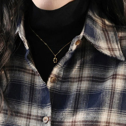 Chic Korean Plaid Blouse Sweet Autumn Casual Style