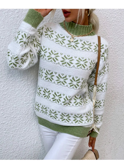 Women's Fashion Christmas Turtleneck Sweater – Snowflake Pattern Holiday Top