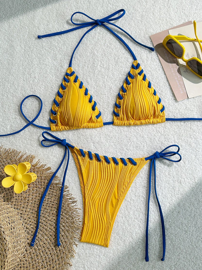 2025 Halter Wrinkled Weave Bikini Set For Women Brazilian Two Piece Swimsuit Beachwear