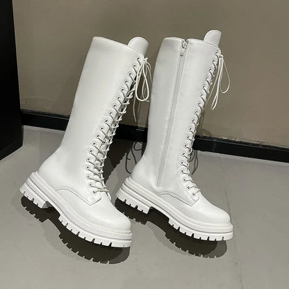 Women’s Knee-High Platform Boots 2025 – Korean Style PU Leather Fleeced Chunky Heel Winter Boots