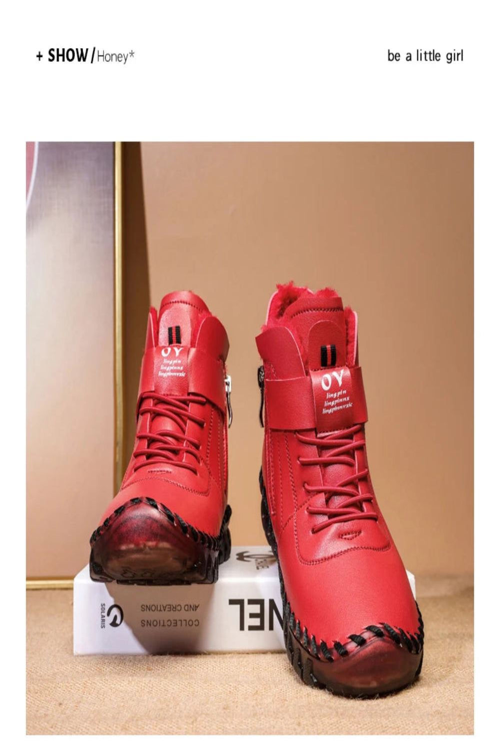 Red high-top boots on a beige background with 'SHOW Honey' branding.