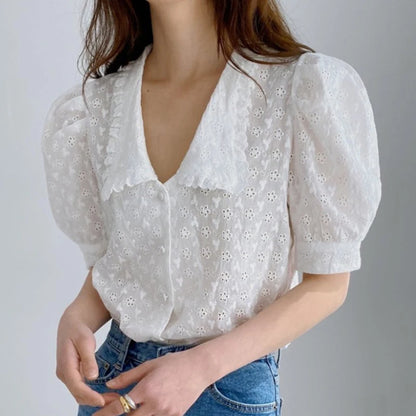 Womens Spring Summer Cotton Blouse Peter Pan Collar Printed Sleeveless Top Loose Fit Korean Style Shirt