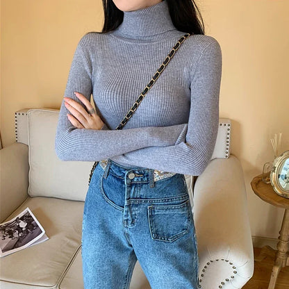 2025 Autumn Winter Women S Thick Ribbed Knitted Turtleneck Sweater Slim Fit Long Sleeve Pullover Soft Warm
