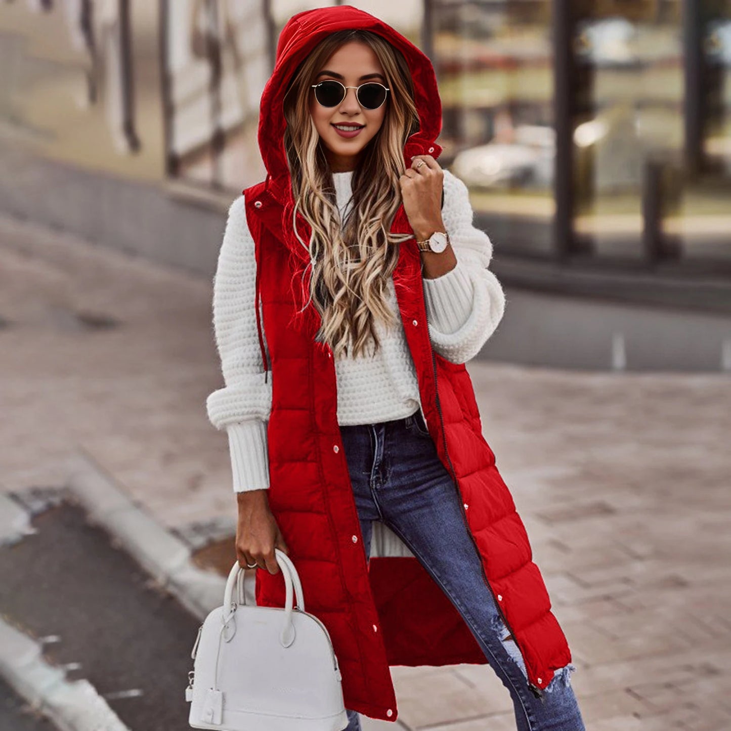 2025 Womens Long Winter Quilted Hooded Vest Sleeveless Down Cotton Jacket With Pockets Warm Outdoor Coat S 5xl