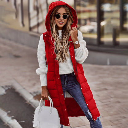 2025 Womens Long Winter Quilted Hooded Vest Sleeveless Down Cotton Jacket With Pockets Warm Outdoor Coat S 5xl