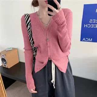 New Spring Autumn Solid Cardigan Sweater For Women V Neck Long Sleeve Single Breasted Short Coat Knit Clothing