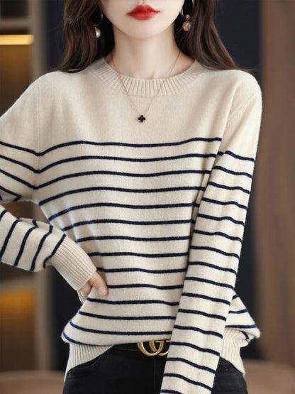 Loose Style Bold Striped O Neck Women Sweaters