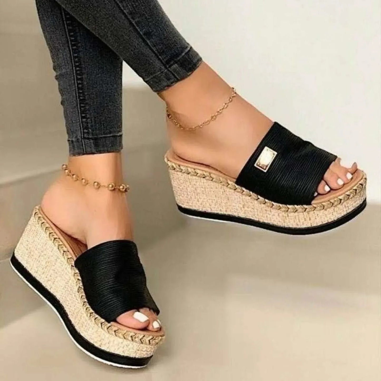 Ladies Crystal Wedges High Heel Sandals Summer Shoes With Thick Sole Diamond Platform Mules Slippers For Women