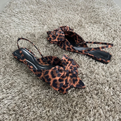 Big Ribbon Design Leopard Print Flat Slippers For Summer