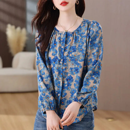 Flower Floral Printing Polo Neck Blouse