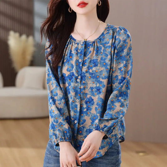Flower Floral Printing Polo Neck Blouse
