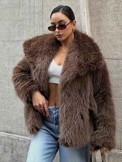 Elegant Womens Faux Fur Jacket Turn Down Collar Loose Fit Casual Long Sleeve Winter Coat For Warmth