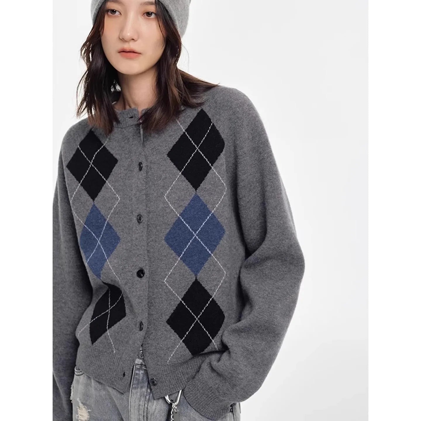 Diamond Square Slice Patterned Elegant Autumn Cardigan