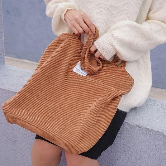 Womens Corduroy Canvas Shopping Bag Reusable Foldable Eco Tote For Groceries Everyday Use