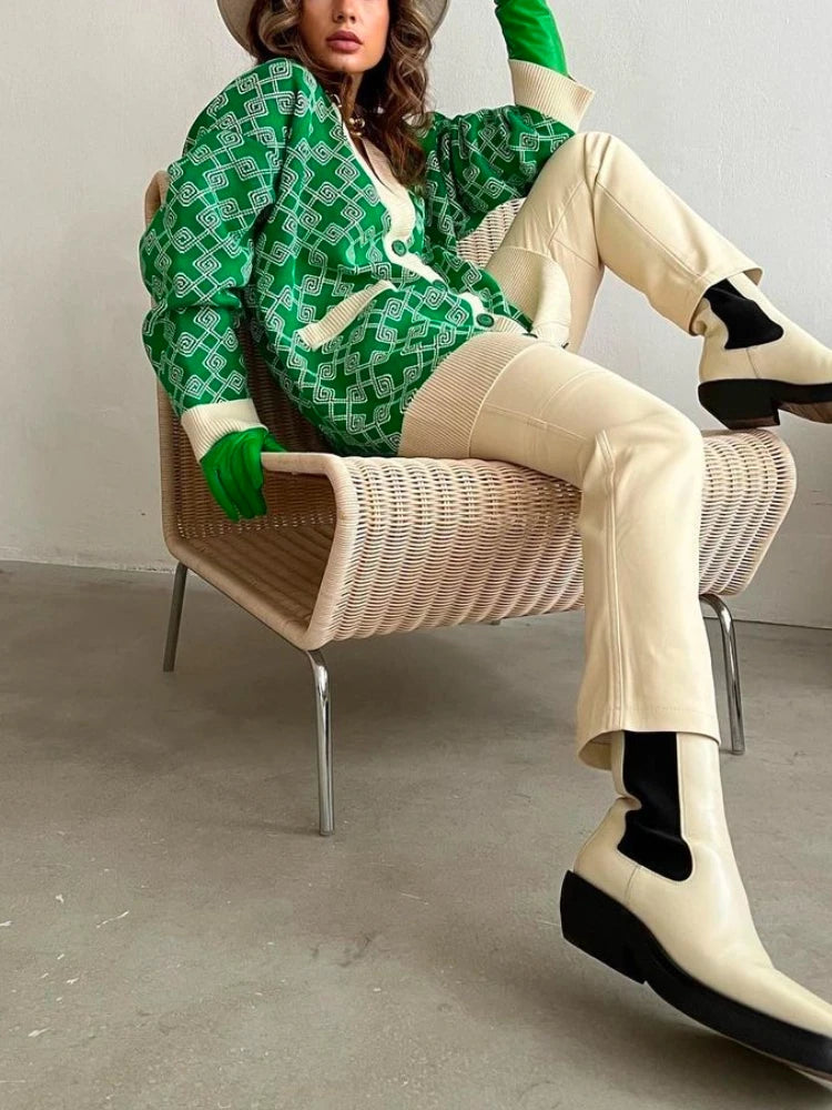 Geometric Jacquard V-Neck Knit Cardigan – Oversized 2025 Autumn/Winter