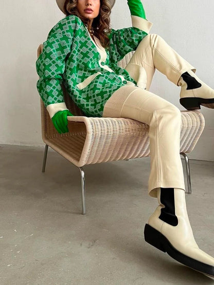 Geometric Jacquard V-Neck Knit Cardigan – Oversized 2025 Autumn/Winter