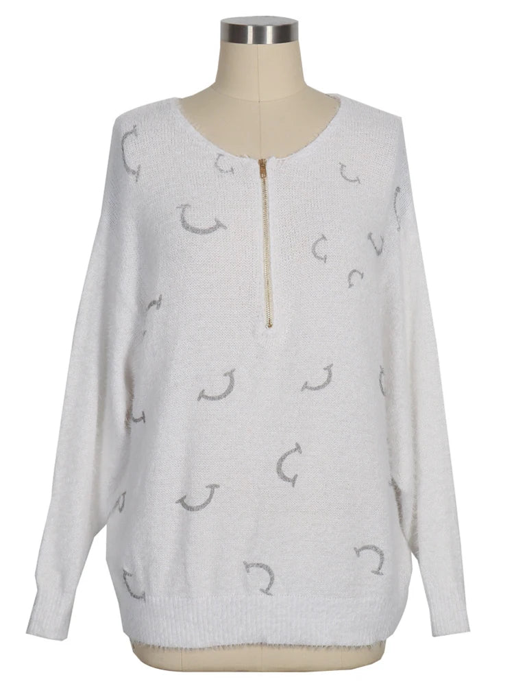 Cozy White Star Print Fuzzy Sweater Aesthetic