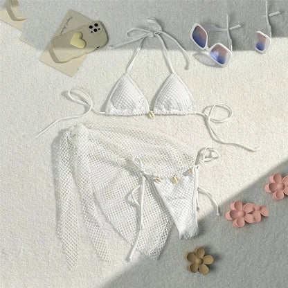 Chic Brown Mesh Bikini and Sarong Set for the Ultimate Coastal Aesthetic