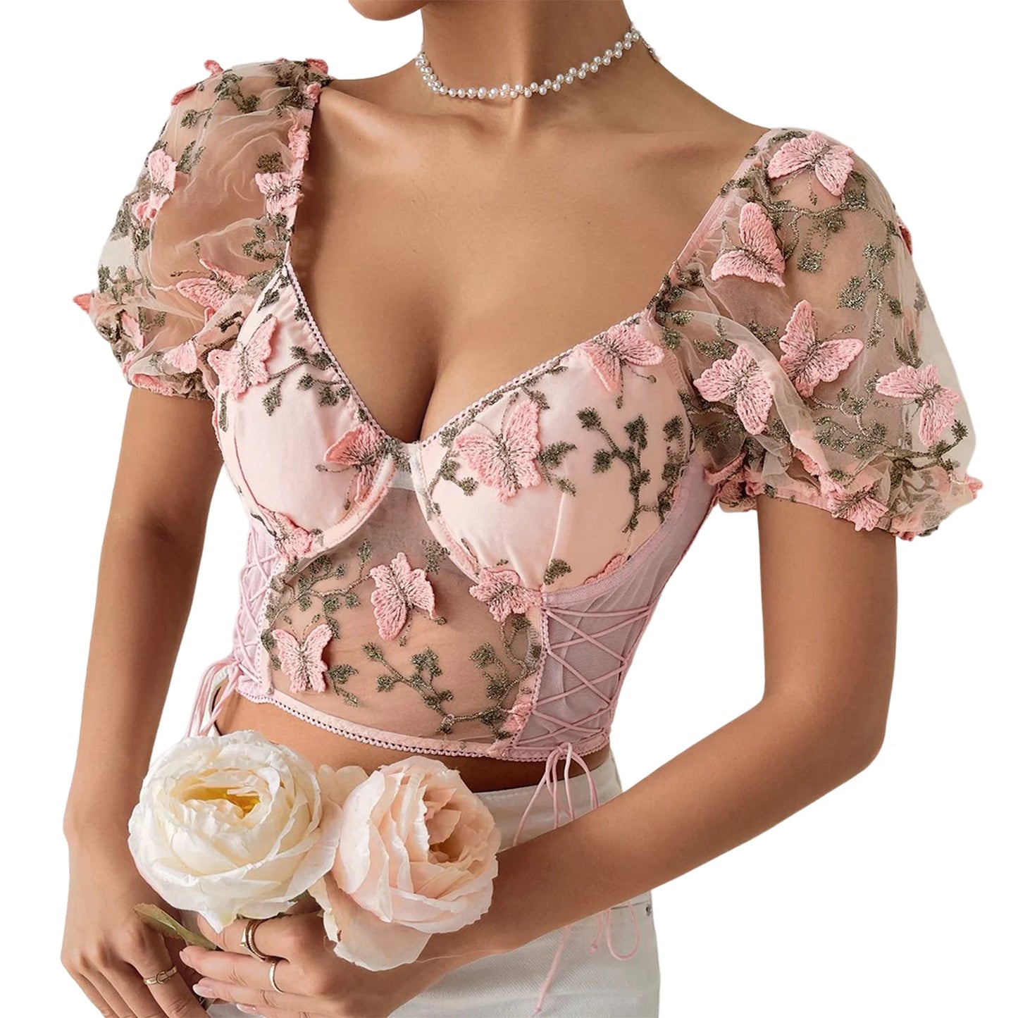 Ethereal Romanticism: Butterfly Embroidery Puff-Sleeve Cropped Blouse