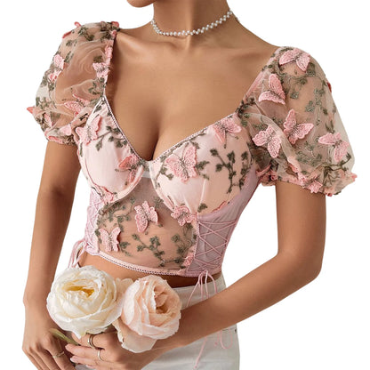 Ethereal Romanticism: Butterfly Embroidery Puff-Sleeve Cropped Blouse