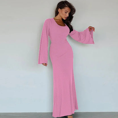Quiet Luxury Aesthetic - Elegant Ribbed Bell Sleeve Maxi Dress