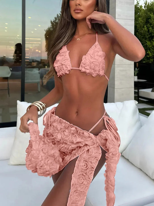 Dusty Pink Rose Petal 3D Floral Bikini Set Aesthetic
