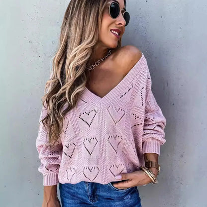 Womens Elegant Hollow V Neck Autumn Winter Sweater