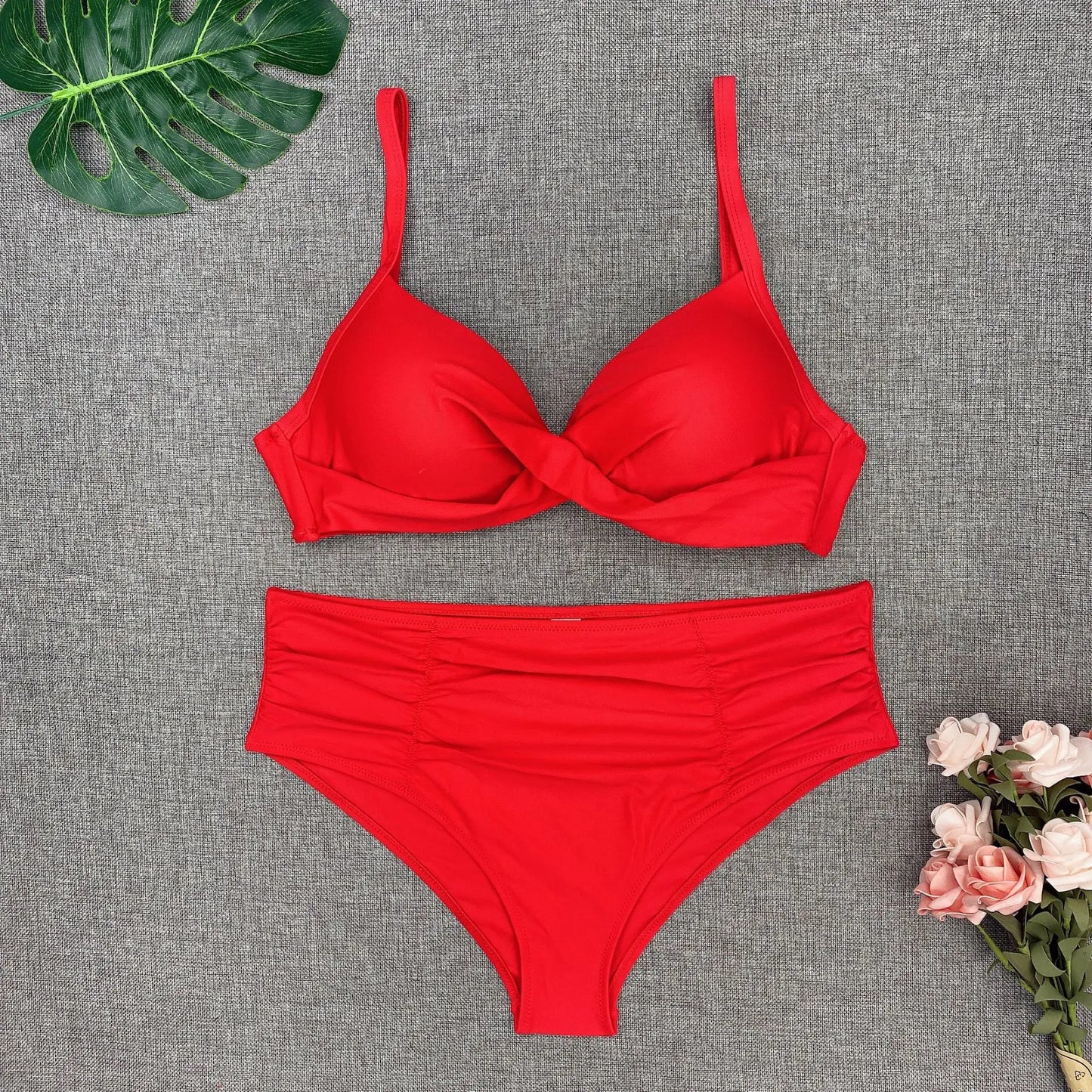 Spaghetti Strap High Waist Bikini Set For Women Padded Pleated Swimsuit Solid Color