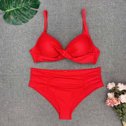 Spaghetti Strap High Waist Bikini Set For Women Padded Pleated Swimsuit Solid Color