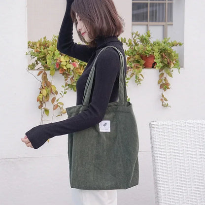 Womens Corduroy Canvas Shopping Bag Reusable Foldable Eco Tote For Groceries Everyday Use